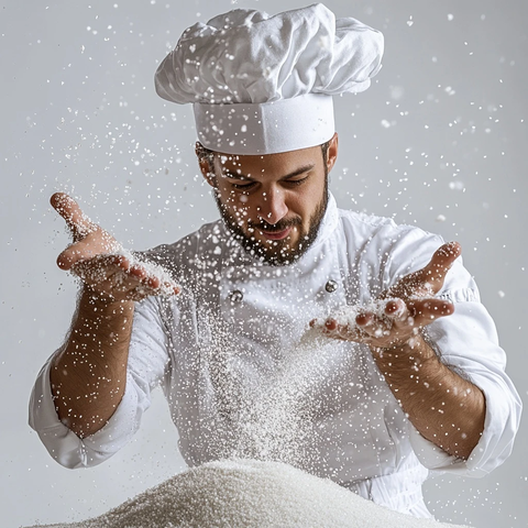 厨师倒盐表演白色背景