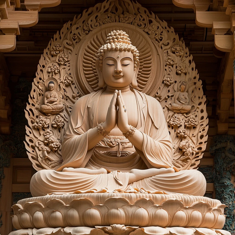 室内精美木雕佛像双手合十呈打坐姿态