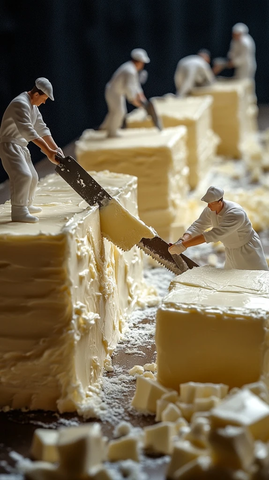 迷你男烘焙师切割大块黄油