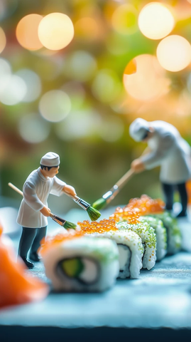 工人精细涂抹寿司芥末层