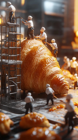 巨型牛角面包上的微型厨师