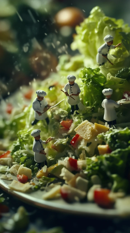 小厨师在大盘子上准备凯撒沙拉