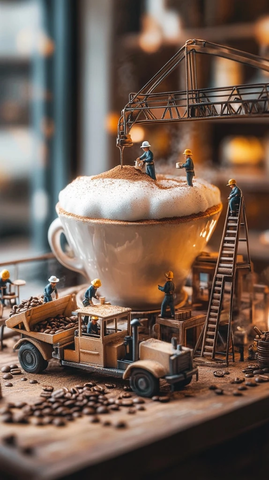 工人建造巨型咖啡杯场景