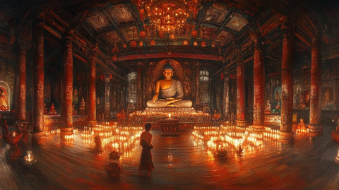 佛堂内僧人静立在佛像前的景象