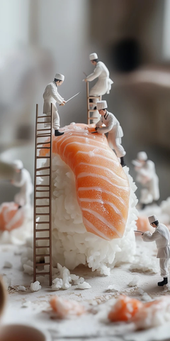 巨型鲑鱼寿司与微型厨师