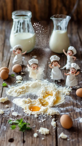 小厨师围观面粉飞扬场景