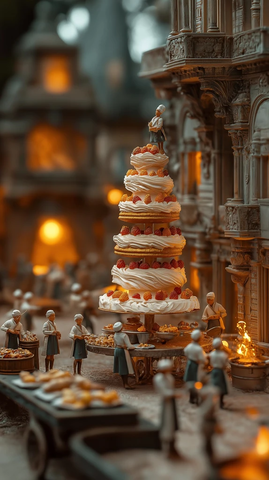 微型服务员切割巨型蛋糕