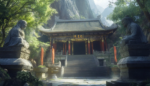 山间古寺庙全景阶梯两侧立着石雕像