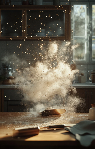 木勺钢铲面粉飞舞厨房实景