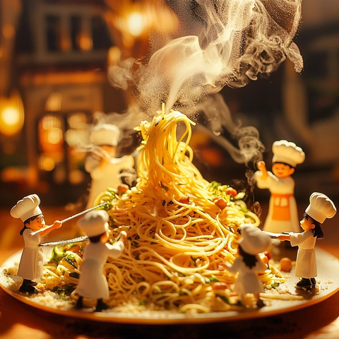 小厨师忙碌制作巨型意面