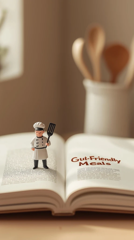 健康饮食书籍与小厨师玩偶