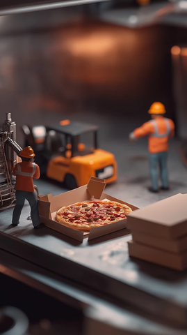 微型工人装载披萨进外卖袋