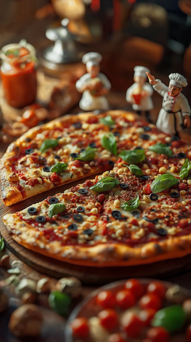 巨型披萨与小厨师忙碌场景