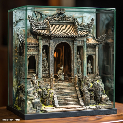 古风建筑场景中的小人雕塑