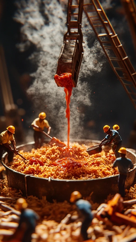 微型工人煮尼日利亚乔洛夫饭