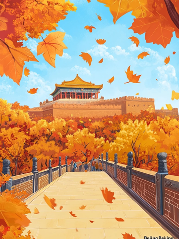 秋日风景中带有古建筑的步道