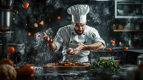 忙碌厨师专注烹饪场景