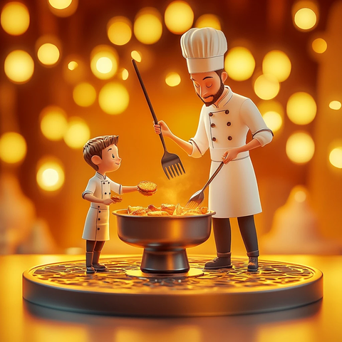 厨师指导学徒翻炒菜品