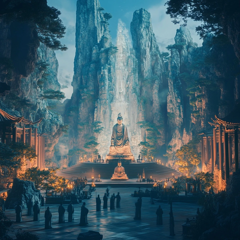 深山佛像全景神秘氛围下的宗教圣地