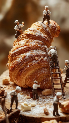 工人装饰巨大金色可颂面包