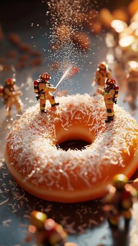 微型消防员洒椰片于巨型甜甜圈