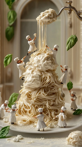 迷你厨师制作奶油意大利面