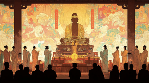 寺庙内众僧礼佛的庄重场景