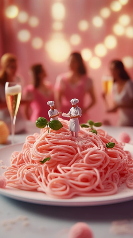 小厨师制作粉色意面庆祝妇女节