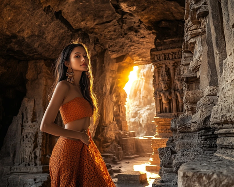 身穿橙裙女子站在古老洞穴中姿态优雅