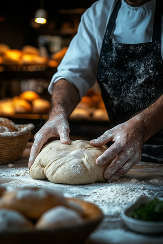 面点师手揉面团特写