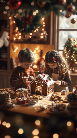 儿童制作姜饼屋节日装饰