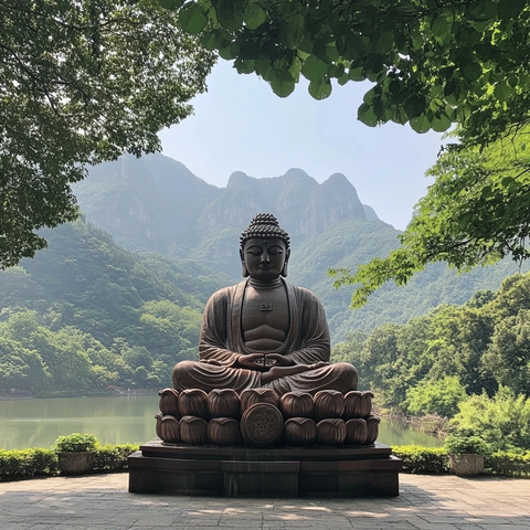 山林中佛像雕塑全景