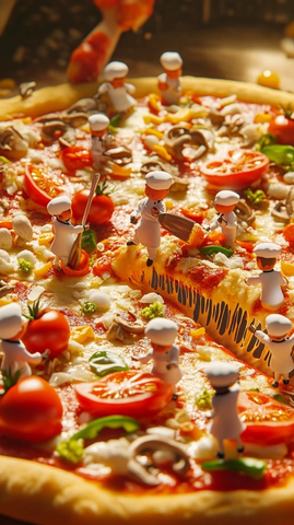 巨型披萨上的小人忙碌制作