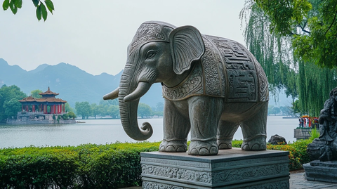 大象雕塑位于山水园林中的景致