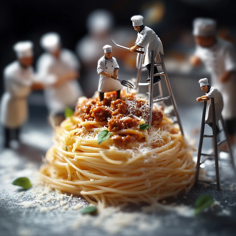 小厨师在面条上精心制作