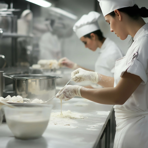 糕点师在白色工作台制作甜点