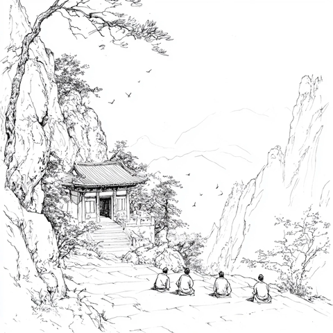 山间古亭旁的四人静坐场景