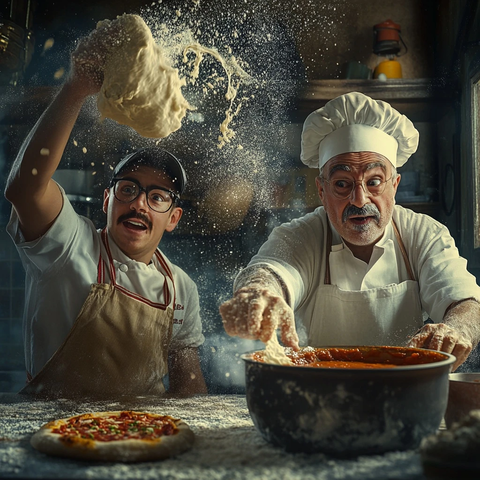 厨师抛披萨面团长者搅拌酱料