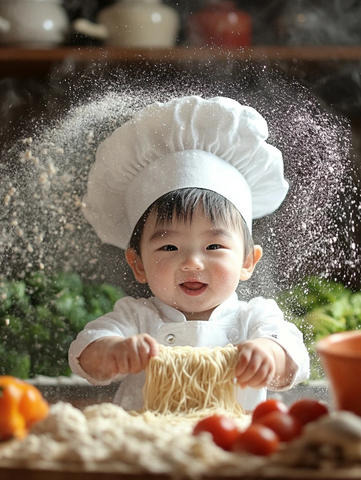 男孩厨房擀面面粉满面