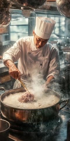 厨师煮猪肉汤传统厨房