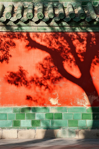 红墙绿瓦上的树影