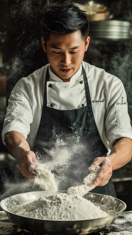 男厨师用面粉烹饪
