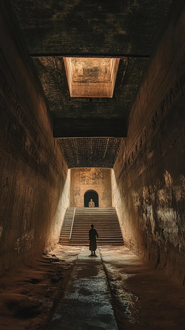 一人在古老神秘的地下通道中行走