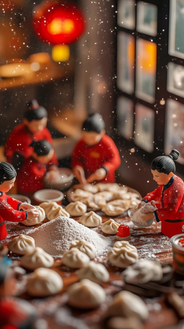 春节家庭聚会包饺子场景