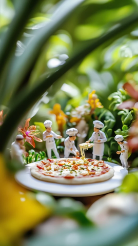 迷你厨师围着披萨撒奶酪