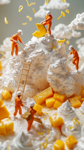 工人组装芒果帕夫洛娃甜点