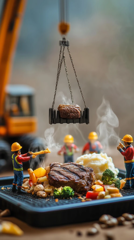 建筑工人在牛排上的工作场景