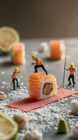 金黄寿司卷与鲜嫩三文鱼片