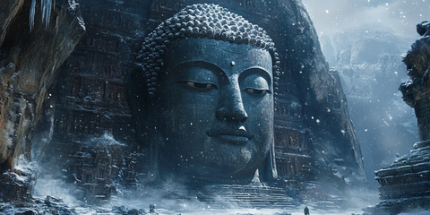 雪中大佛头雕像壮观景象