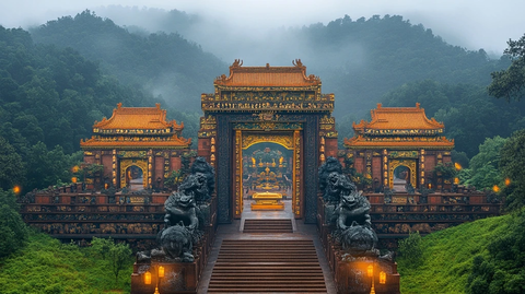 山林中宏伟的中式传统建筑景观